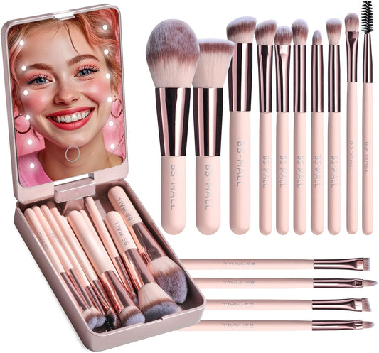 BS-MALL Travel Makeup Brush Set Foundation Powder Concealers Eye Shadows Makeup Set with LED light Mirror 14 Pcs Mini Makeup Brushes (APINK)