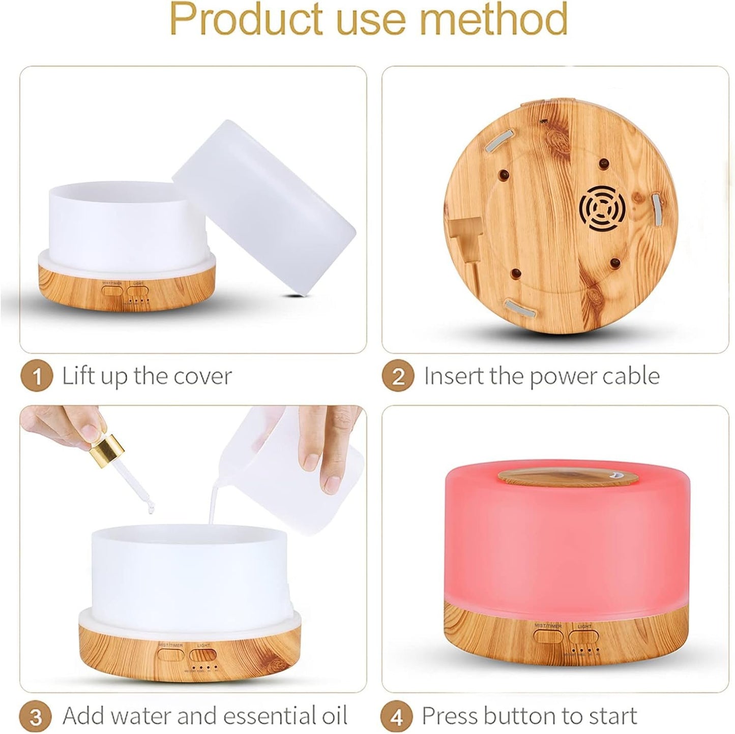 Portable Desk Humidifier, 500ml Wood Grain Air Humdifier, Low Noise Aromatherapy Diffuser with 7 Color LED Light and Remote Control, Auto Shut Down Aroma Diffuser(US Plug 110-240V)
