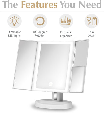Fancii LED Lighted Vanity Makeup Mirror, Trifold Mirror with 5X and 10x Magnifications - 34 Dimmable Natural Lights, Touch Screen, Best Adjustable Countertop Mirror with Cosmetic Stand (Tria)