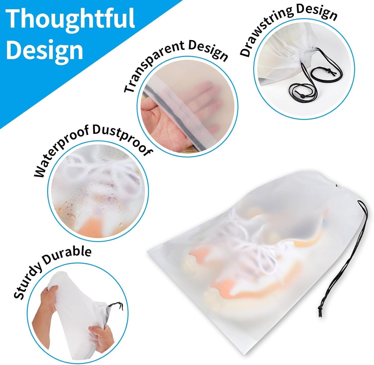 Shoe Bags for Travel, Drawstring Travel Shoe Bags for Packing, Dustproof Portable Travel Shoe Storage Bag for Men and Women, Clear, Large, 5 Pack