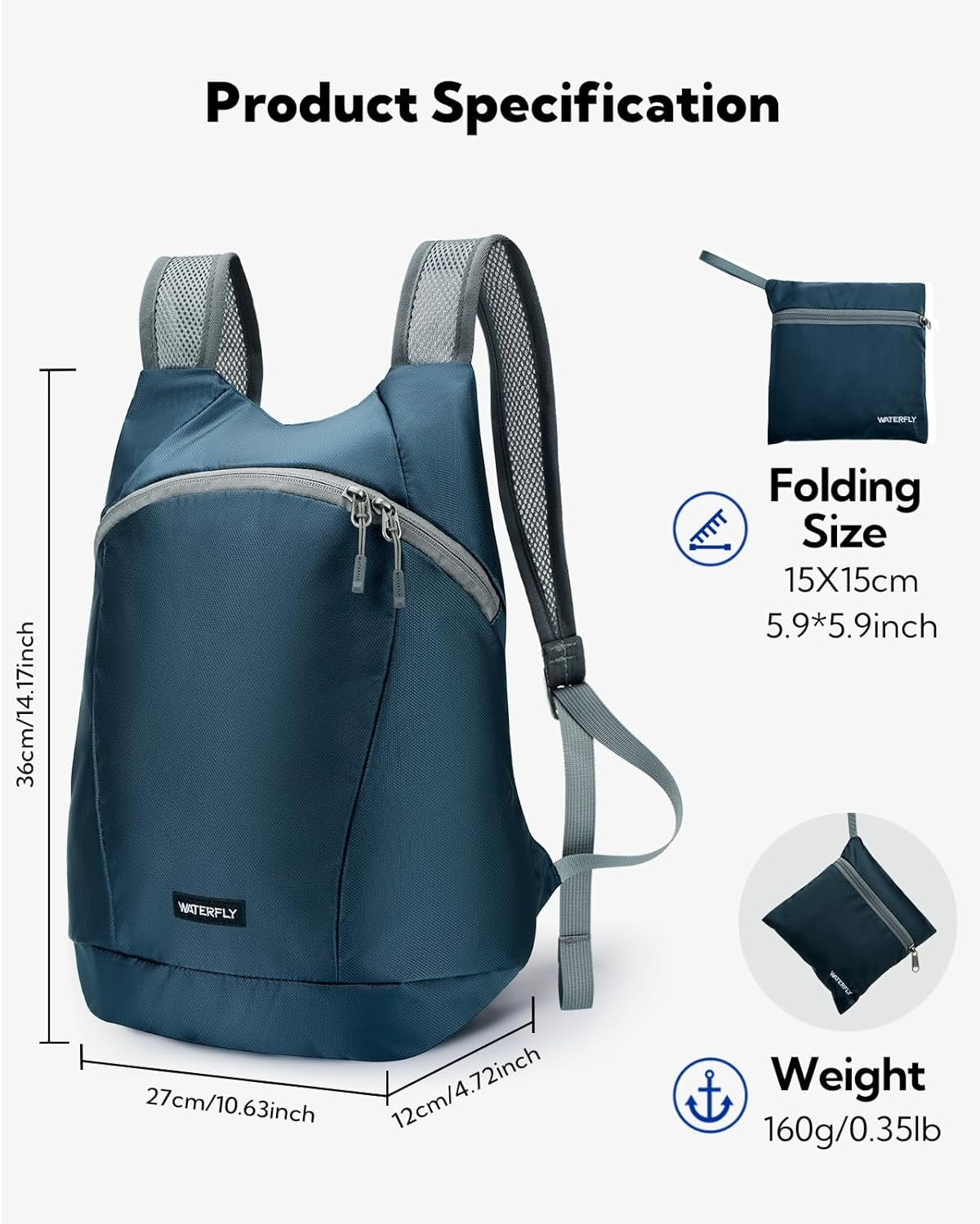 WATERFLY Foldable Lightweight Hiking Backpack: 15L Packable Daypack Men Women Ultralight Thin Day Pack for Travel Camping