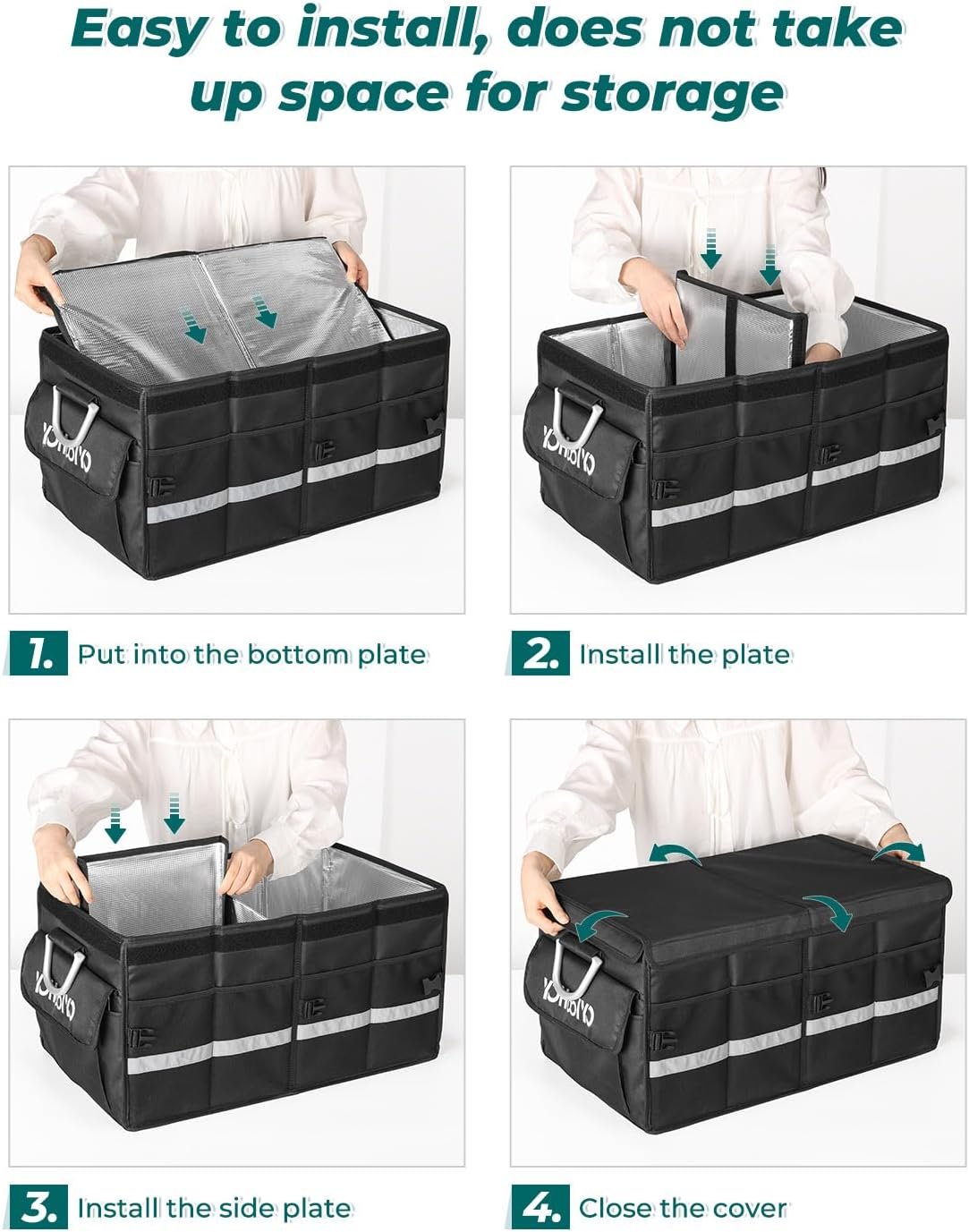 YOHOOLYO Trunk Organizer for SUV Large Insulated Car Storage Organizer Collapsible Multi-compartments Pockets Trunk Cooler Box Portable Grocery Cargo Container with Aluminium Handles, Lid Black E3W