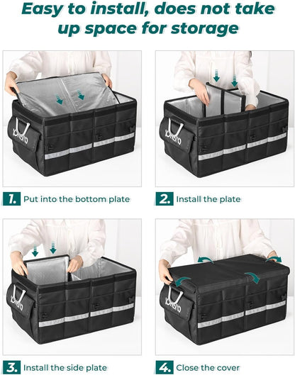 YOHOOLYO Trunk Organizer for SUV Large Insulated Car Storage Organizer Collapsible Multi-compartments Pockets Trunk Cooler Box Portable Grocery Cargo Container with Aluminium Handles, Lid Black E3W