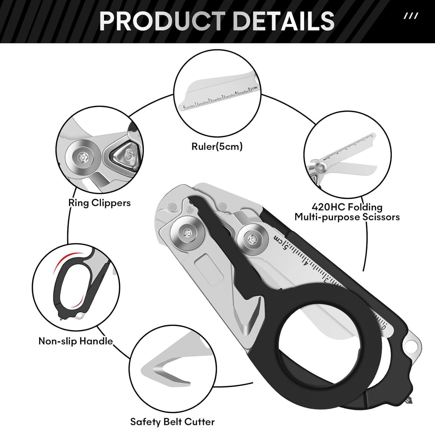 Trauma Shears Emergency Shears with Strap Cutter and Glass Breaker Stainless Steel Foldable Scissors Pliers, Outdoor Camping Rescue Scissors Tools â€¦ (Black)