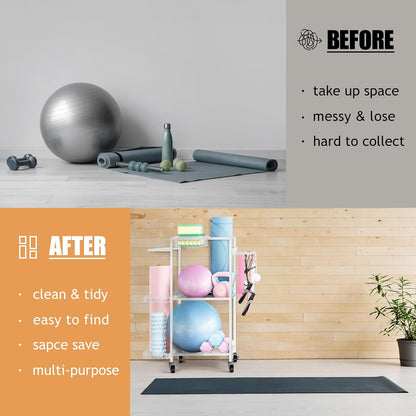 LIANTRAL Dumbbell Rack, Yoga Mat Storage Rack, Workout Equipment Storage Rack for Dumbbells Kettlebells Yoga Mat and Balls, Home Gym Storage Organizer with Hooks and Wheels