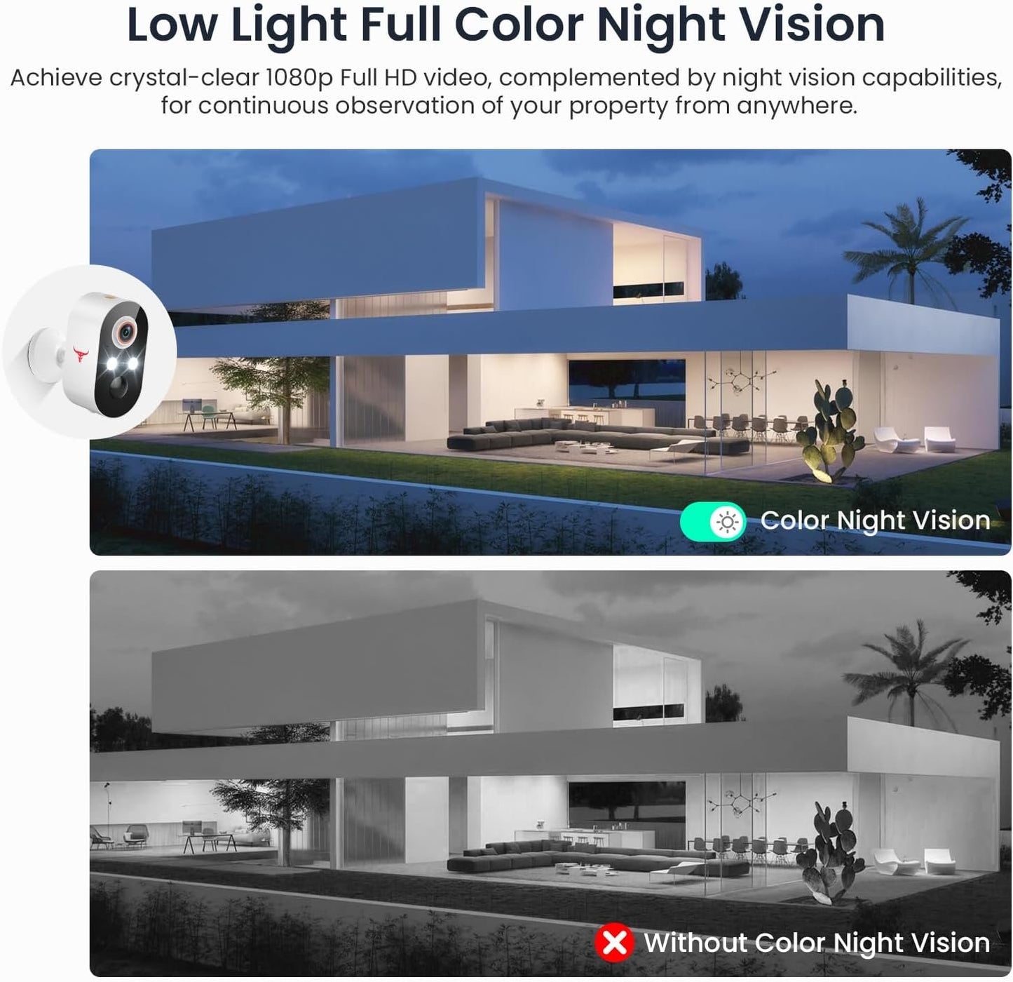 1080p Solar Security Camera Wireless, Smart AI Human Detection, 2-Way Audio, Color Night Vision, Cloud Storage, 2.4G WiFi, Indoor/Outdoor Surveillance Bullet Cam (1 Pack)