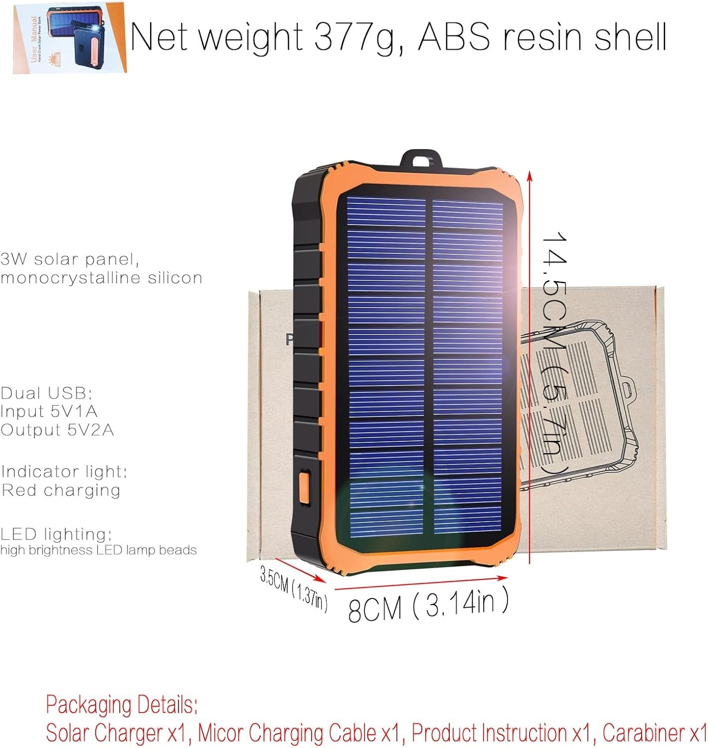Solar Charger Power Bank Camping Gear Solar Chargers for Cell Phone and Electronic Devices Portable Outdoor Activities (14.5x8x3.5CM(5.7x3.14x1.37IN), Orange)