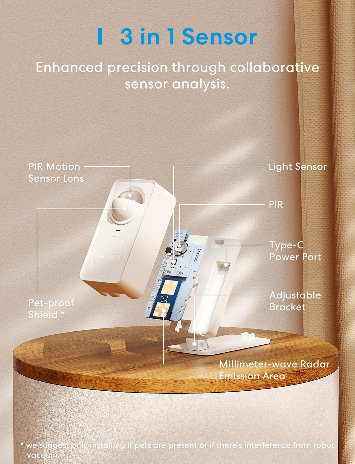 meross Smart Presence Sensor, Matter Motion Detector with Light Sensor for Home Automation and Security, Pet Friendly, Compatible with Alexa, Google, Apple HomeKit, 2.4GHz Wi-Fi Only