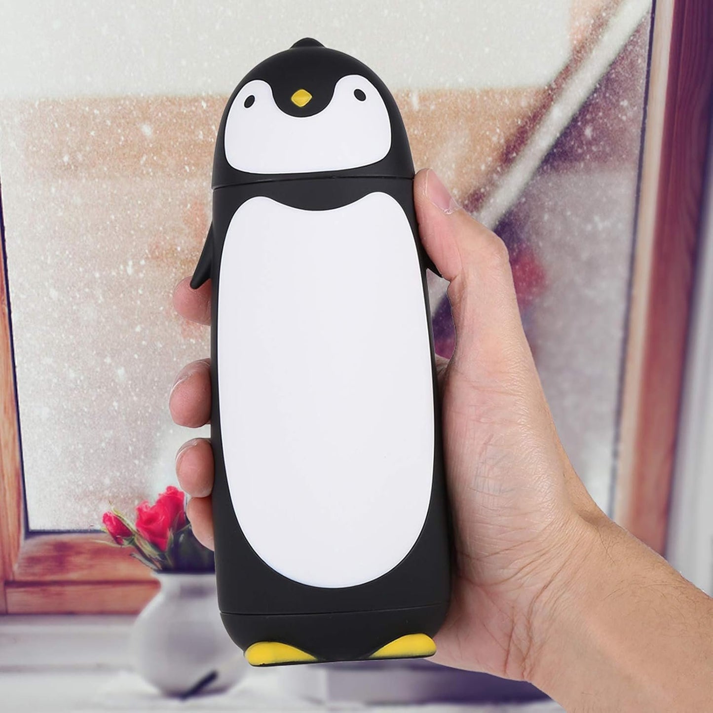 Penguin Shape Water Bottle, 300ML Capacity Portable Cute Cartoon Penguin Thermal Glass Water Bottle Double Layer Mug Travel Drinking Cup Ideal for Home School Travel Use (Black)