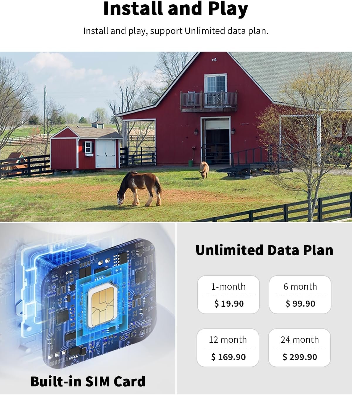 4G LTE Cellular Security Camera with Unlimited Data Plan, 2K Color Night Vision, 360° Live View, Motion Alerts, Remote Access, Solar No WiFi Security Camera for Outdoors (Jobsite, Farm etc.)