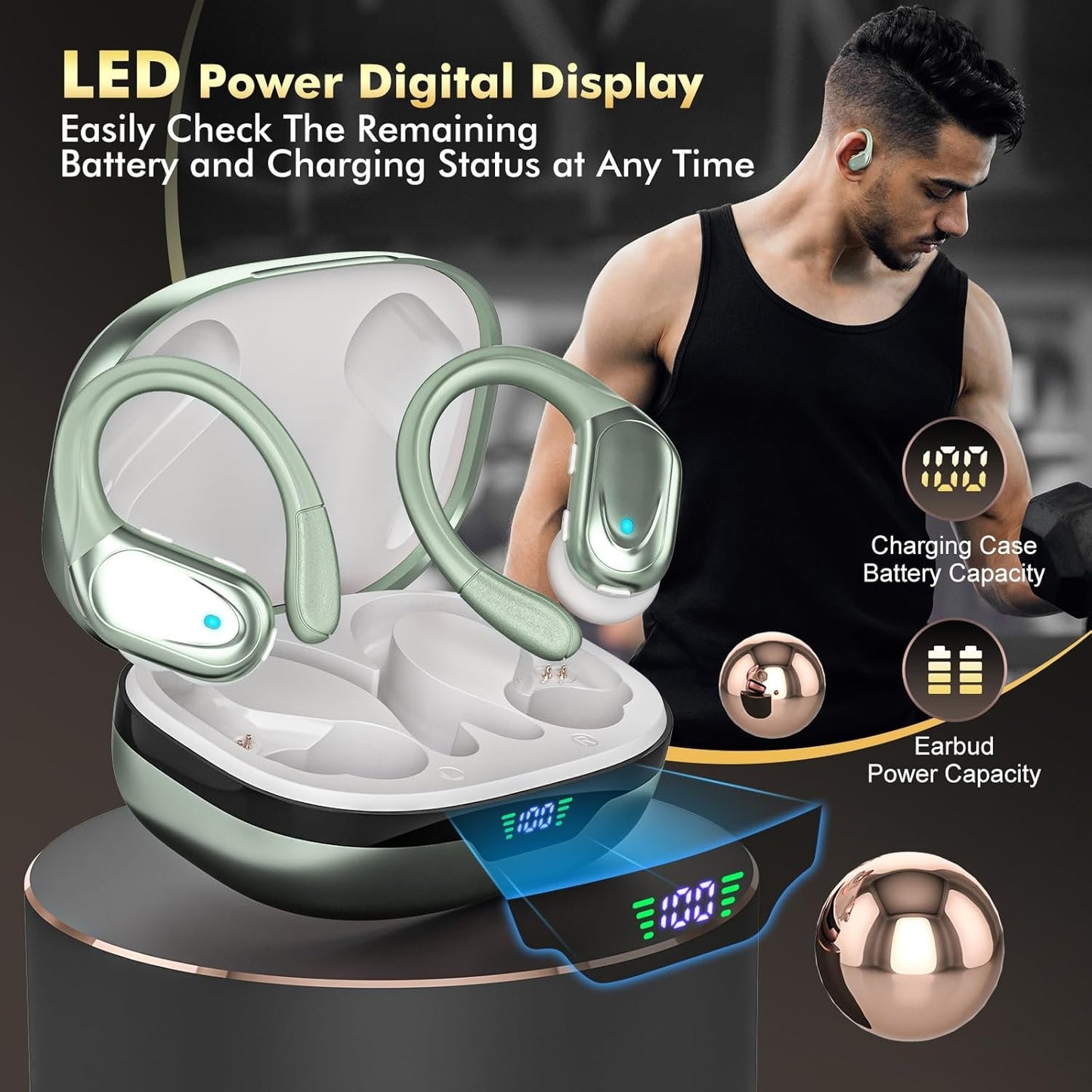Wireless Earbuds Bluetooth Headphones 80hrs Playback Ear Buds Power Display with Noise Canceling Mic with Earhooks for Sports/Workout/Running Light Cyan
