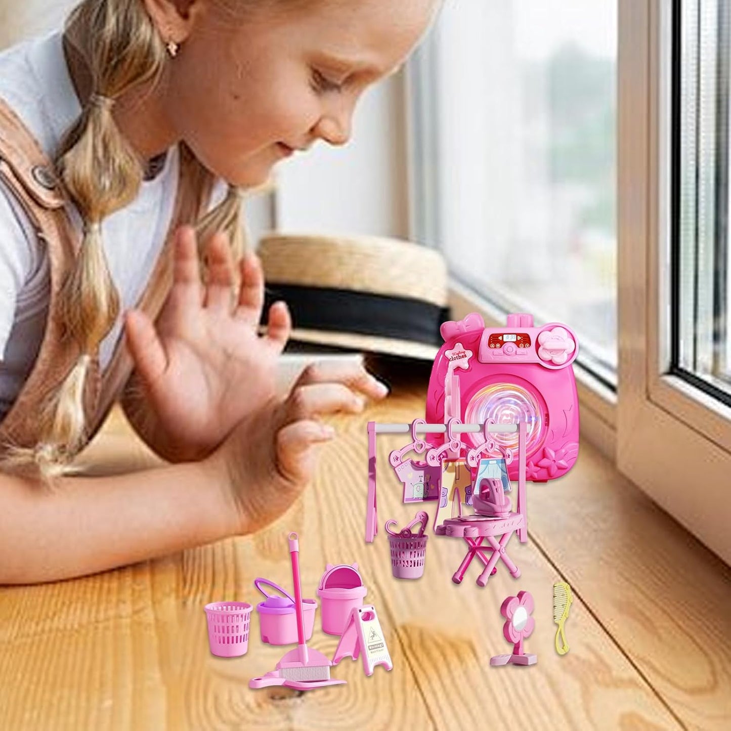 ccuzs Kids Washing Machine, Interactive Pretend Play Washer and Dryer, Miniature Educational Toy with Accessories for Girls and Boys, Material: ABS, 8.58x4.33x8.94in