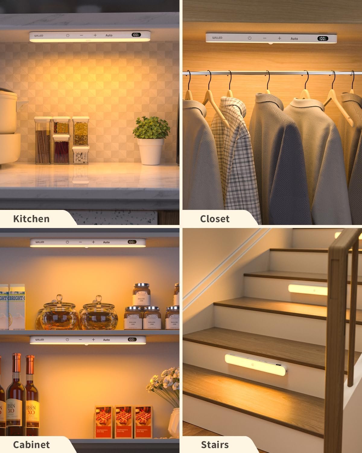 WILLED 3000K Closet Lights Motion Sensored, Battery Display, 60 LED Touch Light Bar, Motion Sensor Light Indoor, Under Cabinet Lights Rechargeable, Stick on Lights for Closet, Kitchen, Hallway, 4 Pack