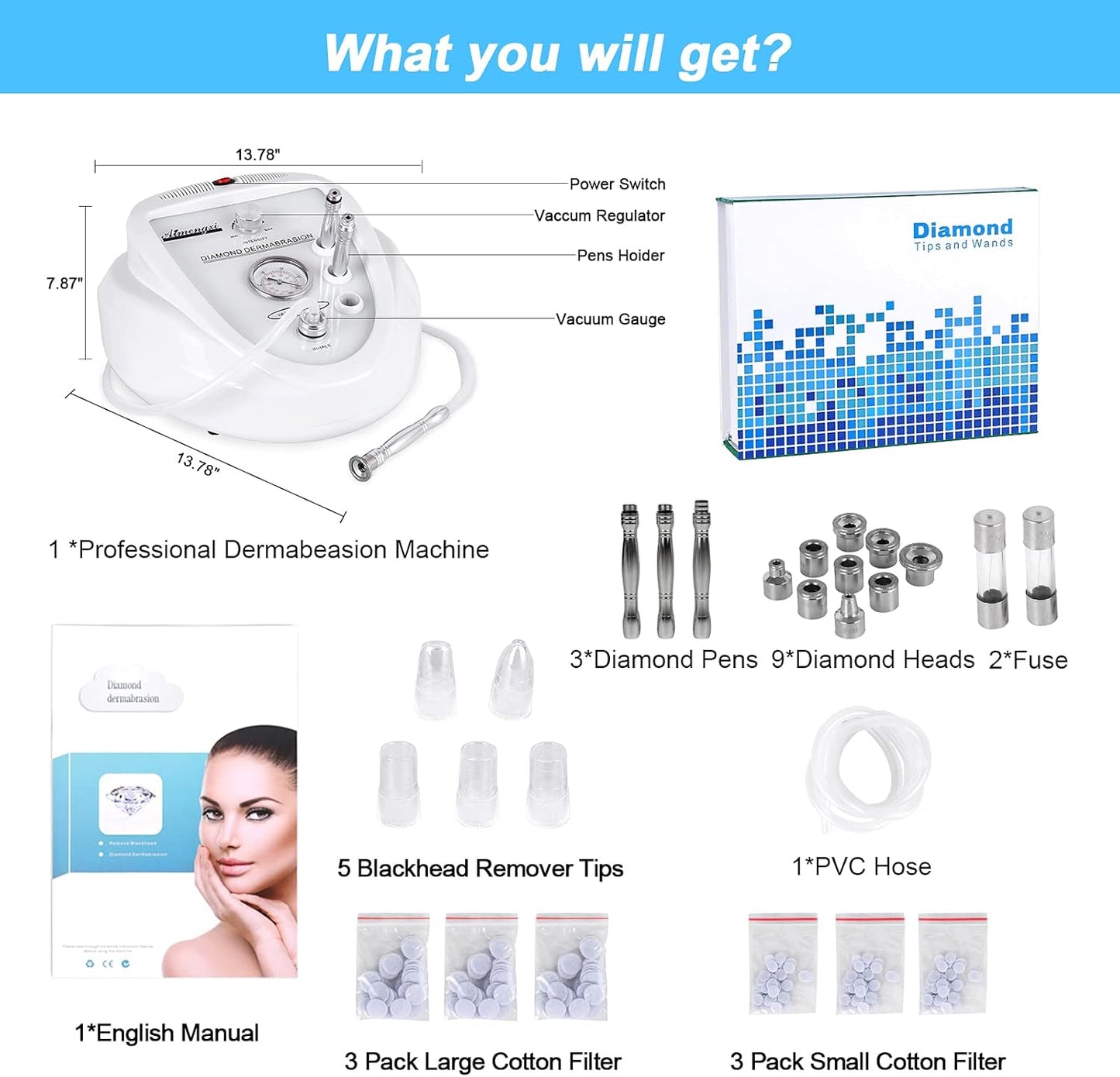 2 in 1 Diamond Microdermabrasion Machine Professional Blackhead Removal Equipment, 65-68cmHg Suction Power Professional Dermabrasion Facial Skin Care Massager for Home Salon Use with 300 Cotton Filter