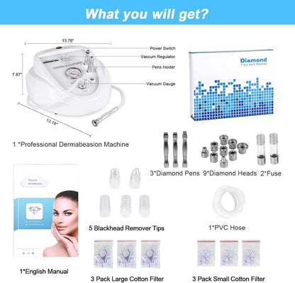 2 in 1 Diamond Microdermabrasion Machine Professional Blackhead Removal Equipment, 65-68cmHg Suction Power Professional Dermabrasion Facial Skin Care Massager for Home Salon Use with 300 Cotton Filter