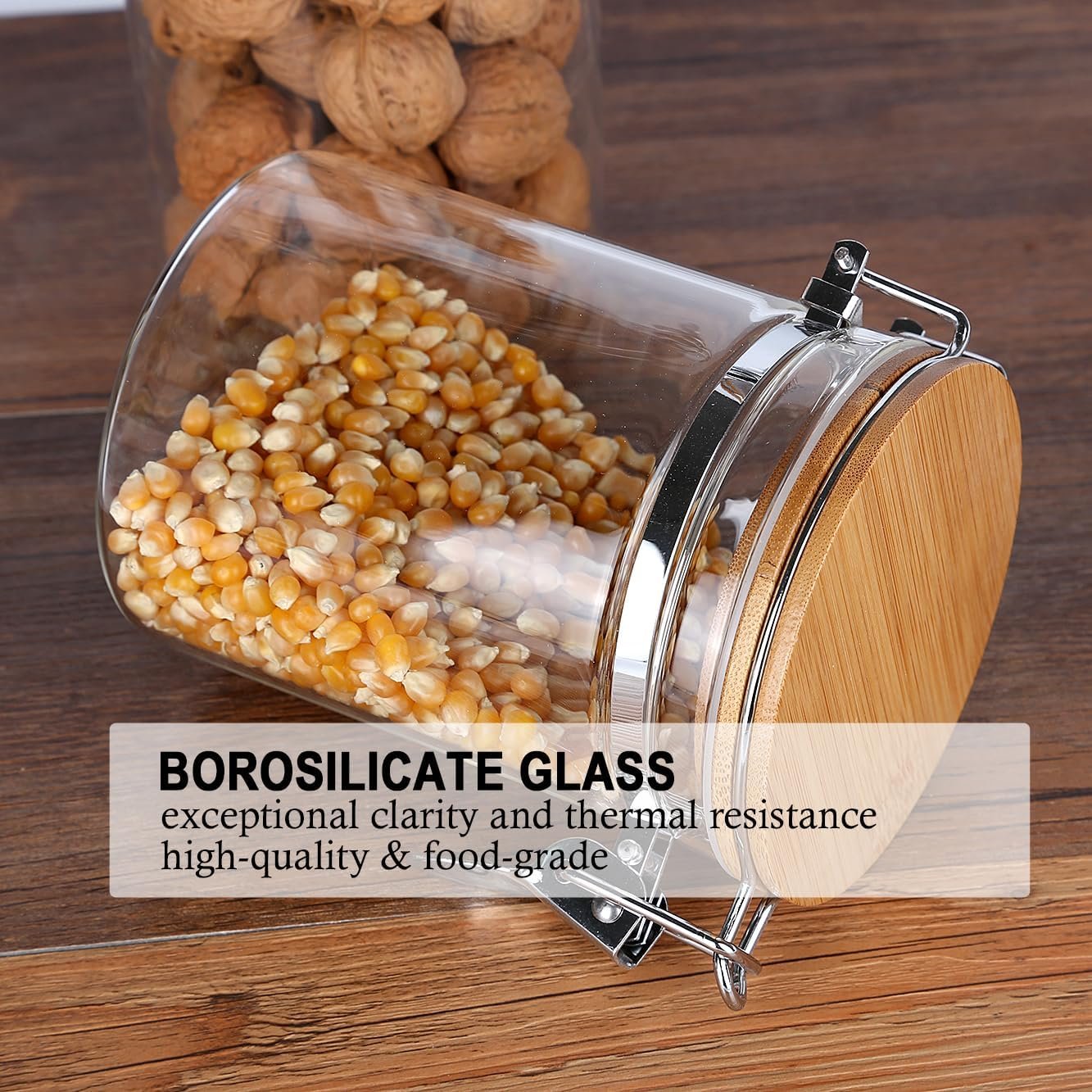 KKC HOME ACCENTS Airtight Borosilicate Glass Loose Tea & Coffee Beans Storage Containers with Bamboo Clamp Lids & Scoops - Glass Food Storage Jars for Nuts, Sugar, Matcha, Pantry Organization - 800 ML