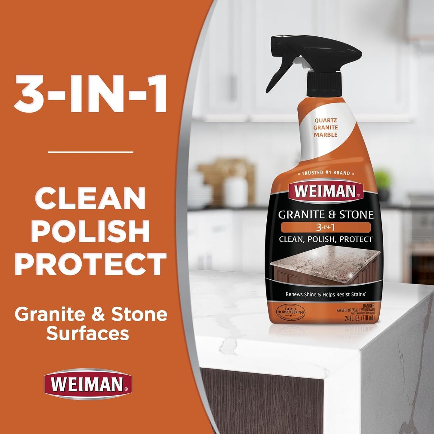 Weiman Granite Cleaner Polish and Protect 3 in 1-2 Pack - Streak-Free, pH Neutral Formula for Daily Use on Interior & Exterior Natural Stone w/Micro Fiber Towel