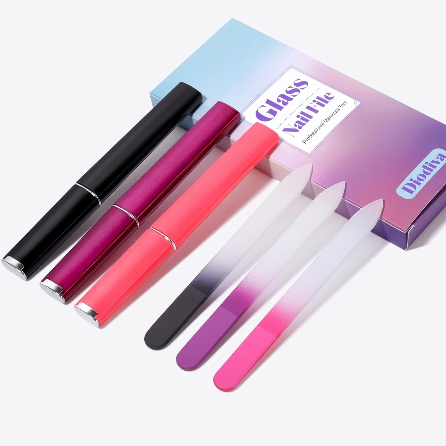 3 Pack Crystal Glass Fingernail File with Case for Natural Nail Professional Czech Glass File Double-Sided Etched Gentle Nail Care Stocking Stuffers for Women or Adults, Unique Gifts