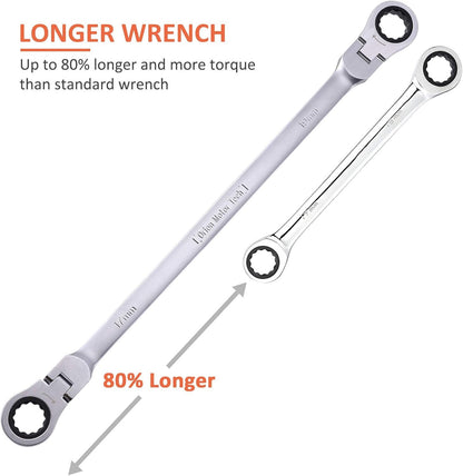 Orion Motor Tech Flex-Head Extra Long Gear Ratcheting Box End Wrench 6 Set, Metric XL Extended Long Handle, 9-5/8" to 16-1/2" Length, 8mm 10mm 12mm 13mm 14mm 15mm 16mm 17mm 18mm 19mm - 6pcs & 12 Sizes
