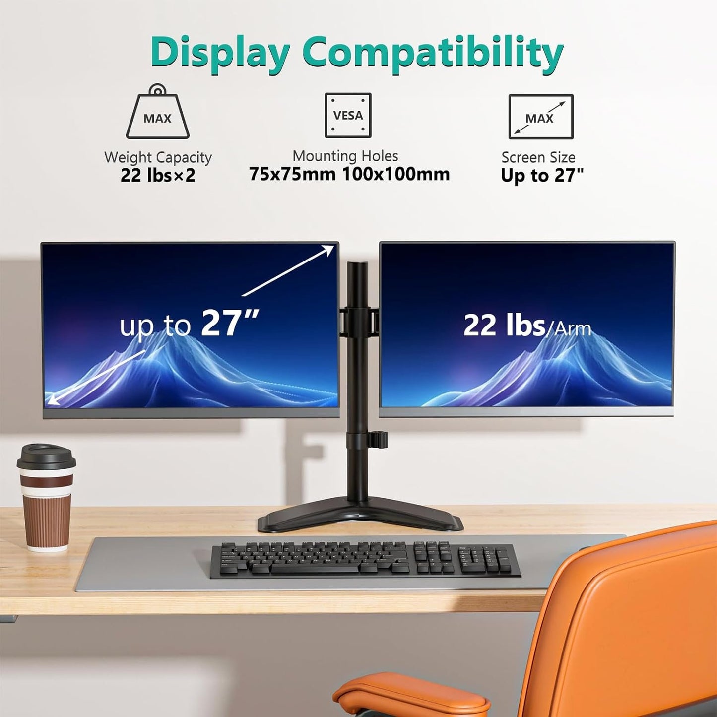 WALI Dual Monitor Stand, Free Standing Desk Mount for 2 Monitors up to 27 inch, 22 lbs. Weight Capacity per Arm, Fully Adjustable with Max VESA 100x100mm (MF002), Black…