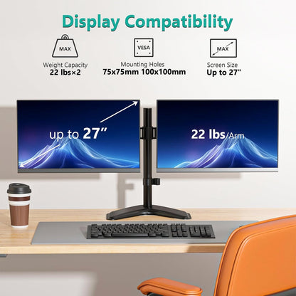 WALI Dual Monitor Stand, Free Standing Desk Mount for 2 Monitors up to 27 inch, 22 lbs. Weight Capacity per Arm, Fully Adjustable with Max VESA 100x100mm (MF002), Black…