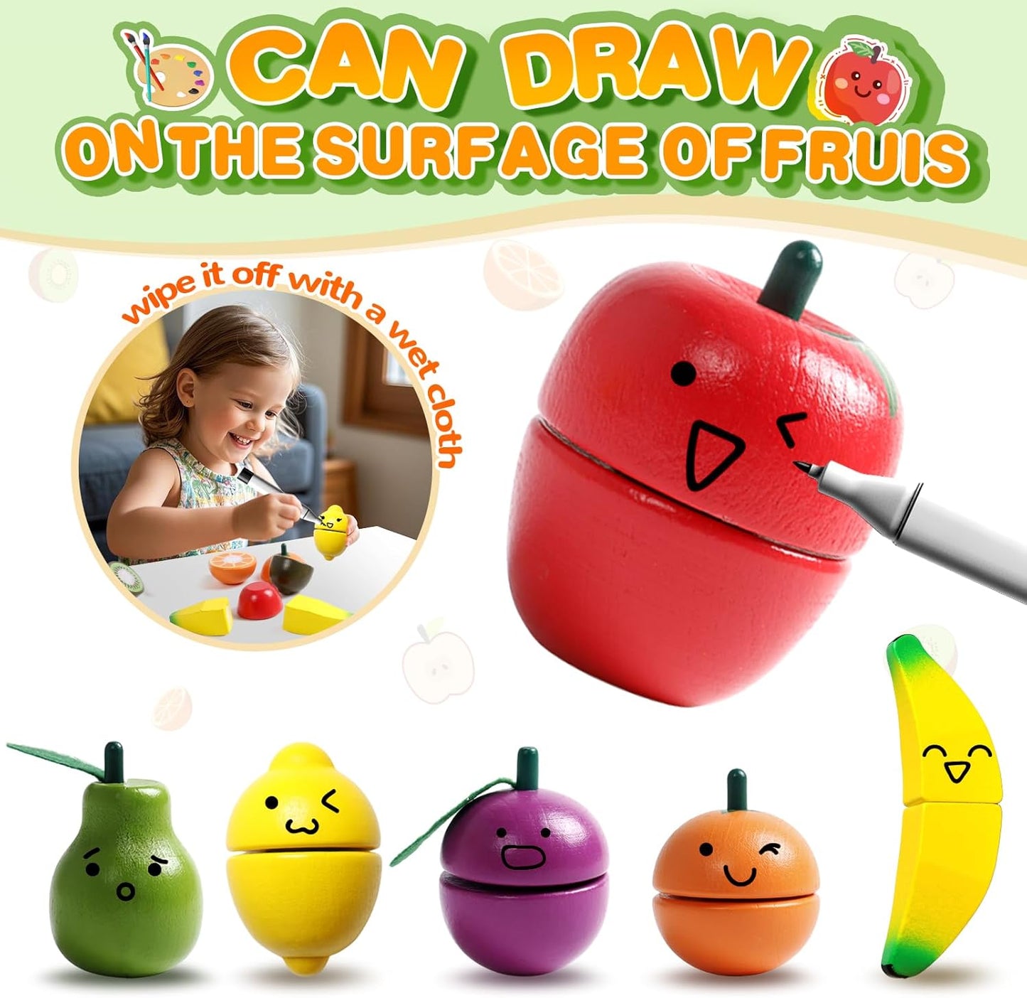 Montessori Toys for 2 Year Old Play Food Cutting Toy Wooden Toys Pretend Play Kitchen Accessories for Kids Fake Food Pretend Play Kitchen Set for Kids 2 3 4 Girls Boys Party Games