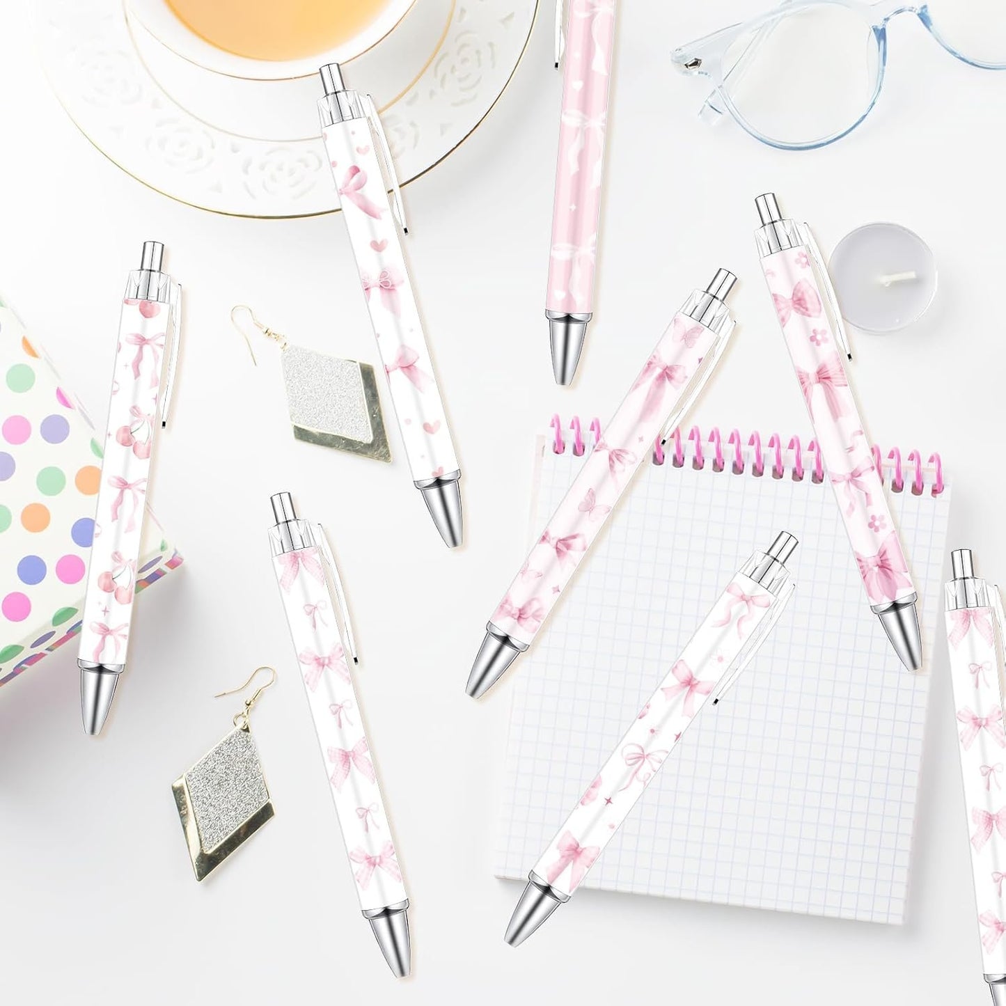 Wxiben Coquete Bows Ballpoint Pens - 24PCS Pink Ribbon Bows Pens Set Cute Cherries Smooth Writing Pens Retractable Pink Conquette Bow Pen for Office Stationery School Supplies for Women Teacher Gifts