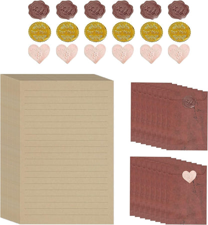 50 Pieces Vintage Stationery Paper and 16 Pieces Brown Envelopes and 18 Pieces Stickers,Vintage Stationery Writing Paper Letter Writing Paper Stationary Letter Paper for Writing Letter (Red Brown)