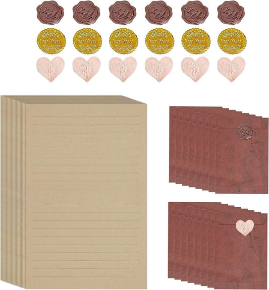 50 Pieces Vintage Stationery Paper and 16 Pieces Brown Envelopes and 18 Pieces Stickers,Vintage Stationery Writing Paper Letter Writing Paper Stationary Letter Paper for Writing Letter (Red Brown)
