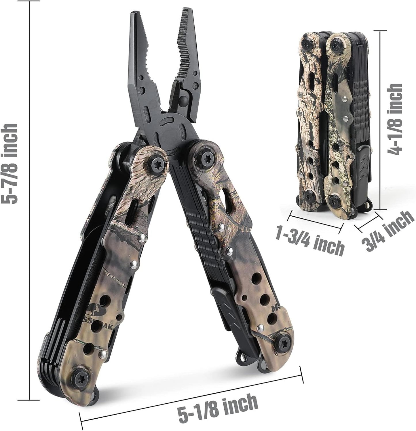 MOSSY OAK Camo Multi Tool Portable Outdoor Folding Pocket Multitool with Nylon Sheath, Knife, Pliers, Screwdrivers and More, Stainless Steel