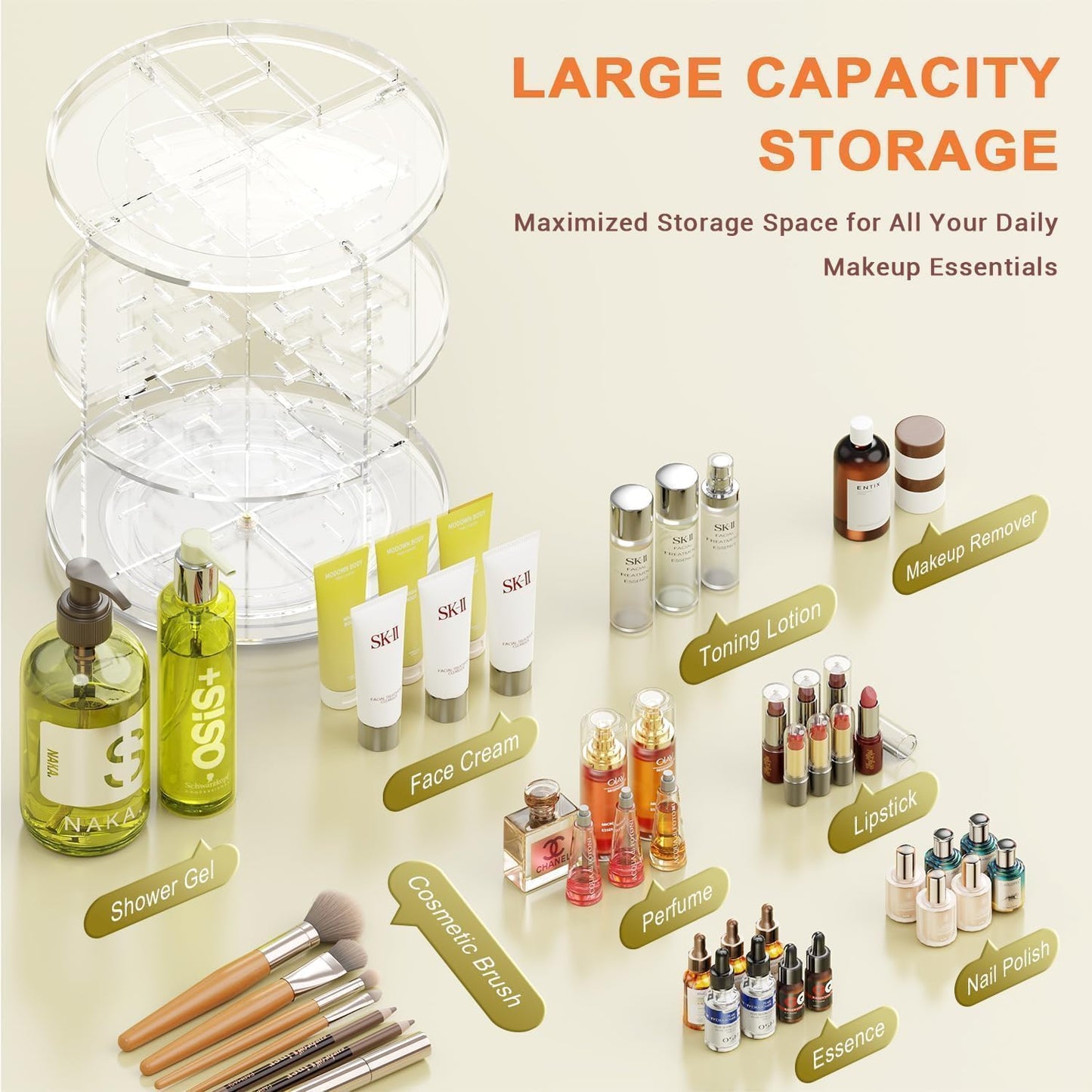 Auxmir 360° Rotating Makeup Holder, Multifunctional Makeup Organizer, Cosmetic Organizer 9 Adjustable Shelves, Large Capacity, Suitable for Cream Perfume Makeup Brushes (Transparent)