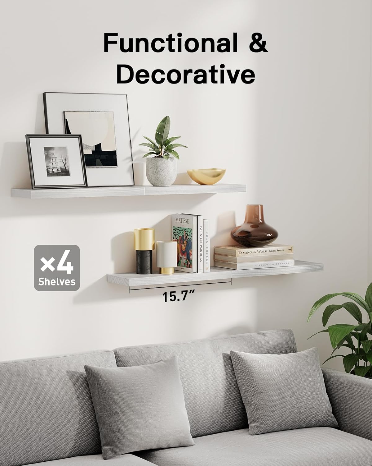 AMADA HOMEFURNISHING Floating Shelves, Paulownia Wood Wall Shelves for Bathroom/Living Room/Bedroom/Kitchen/Home Office, Natural Wood Floating Shelf for Home Storage & Organization, Set of 4, AMFS40W