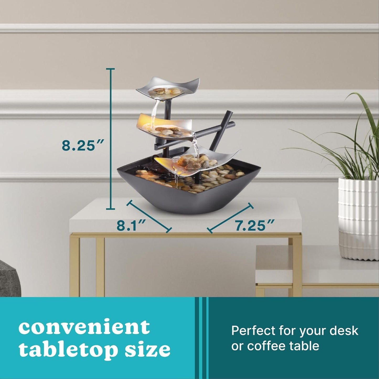 HoMedics Indoor 3-Tier Relaxation Tabletop Fountain, Automatic Pump with Power Switch, Extra Deep Basin with Natural River Rocks and Reflective Lighting Feature, EnviraScape Silver Springs