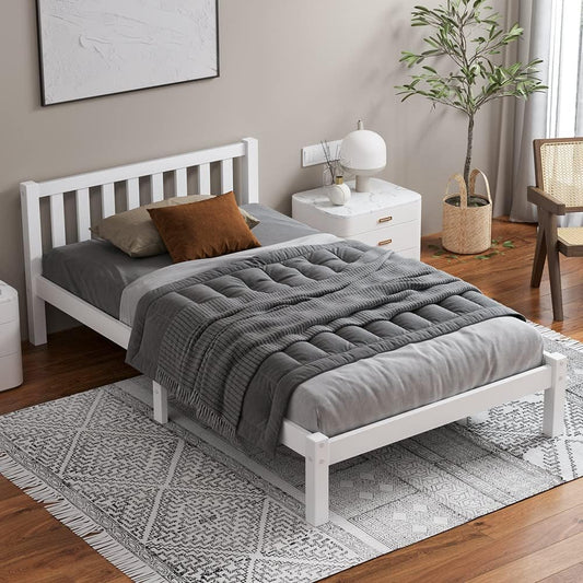 ALFORDSON Bed Frame Single Size Wooden Bed Base with Solid Wood Pine Timber Slats, Mattress Base Platform Support, White Bed Foundation with Storage Space, Fenella Series Home Bedroom Furniture