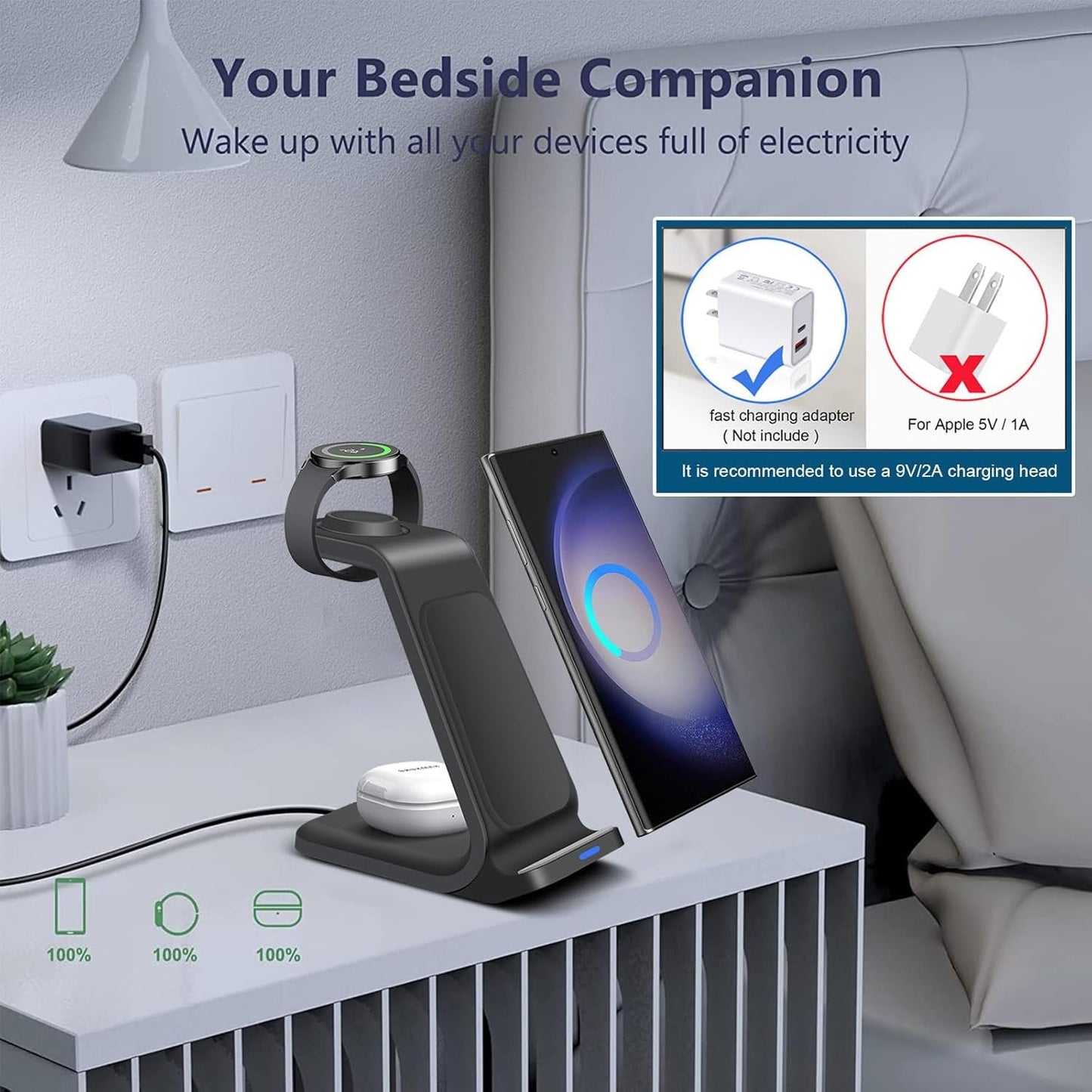 3 in 1 Wireless Charger Stand Charging Station for Samsung Devices 15W Fast Charge for Galaxy S24/S23/S22/S21/S20/S10,Note 20/10, Galaxy Buds Pro/Live, Galaxy Watch6/5 Pro/5/4/3/Active 2