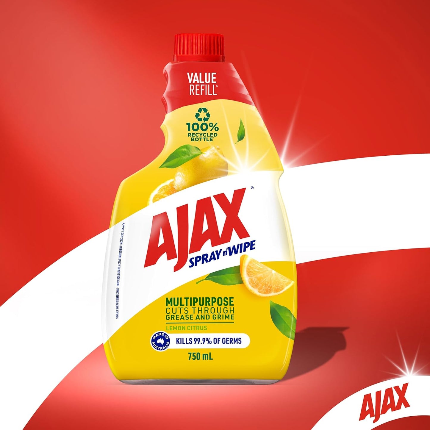 Ajax Spray n' Wipe Multi-Purpose Cleaner Refill, Value Pack 750mL, Lemon Citrus, Antibacterial Disinfectant, Household Grade