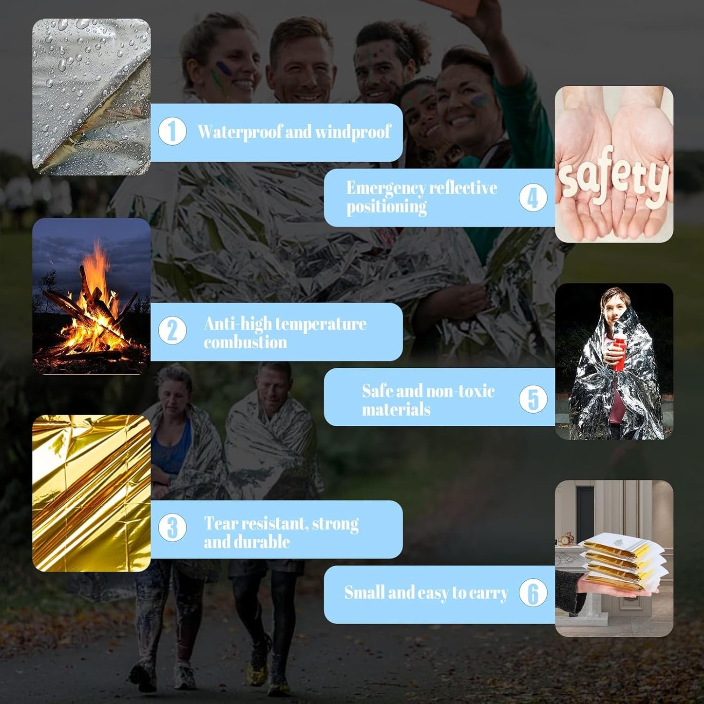 Emergency Mylar Blanket 5-Pack, Thermal Survival Blankets, Reflective Foil Blanket Silver and Gold, 82'' x 63'' Gigantic Space Blanket. Suitable for First Aid, Outdoors, Camping, Auto Emergency Use