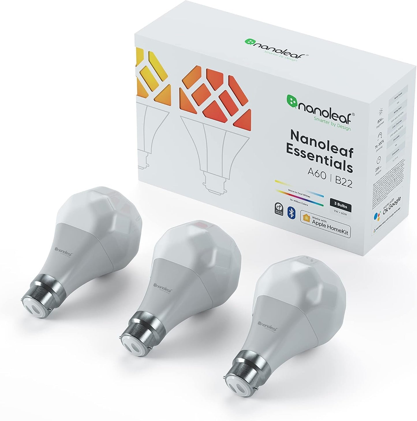 Nanoleaf Essentials B22 LED Bulbs, Pack of 3 RGBW Dimmable Smart Bulbs - Thread & Bluetooth Colour Changing Light Bulbs, Works with Google Assistant Apple Homekit, for Room Decor & Gaming