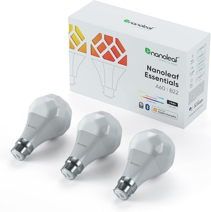 Nanoleaf Essentials B22 LED Bulbs, Pack of 3 RGBW Dimmable Smart Bulbs - Thread & Bluetooth Colour Changing Light Bulbs, Works with Google Assistant Apple Homekit, for Room Decor & Gaming