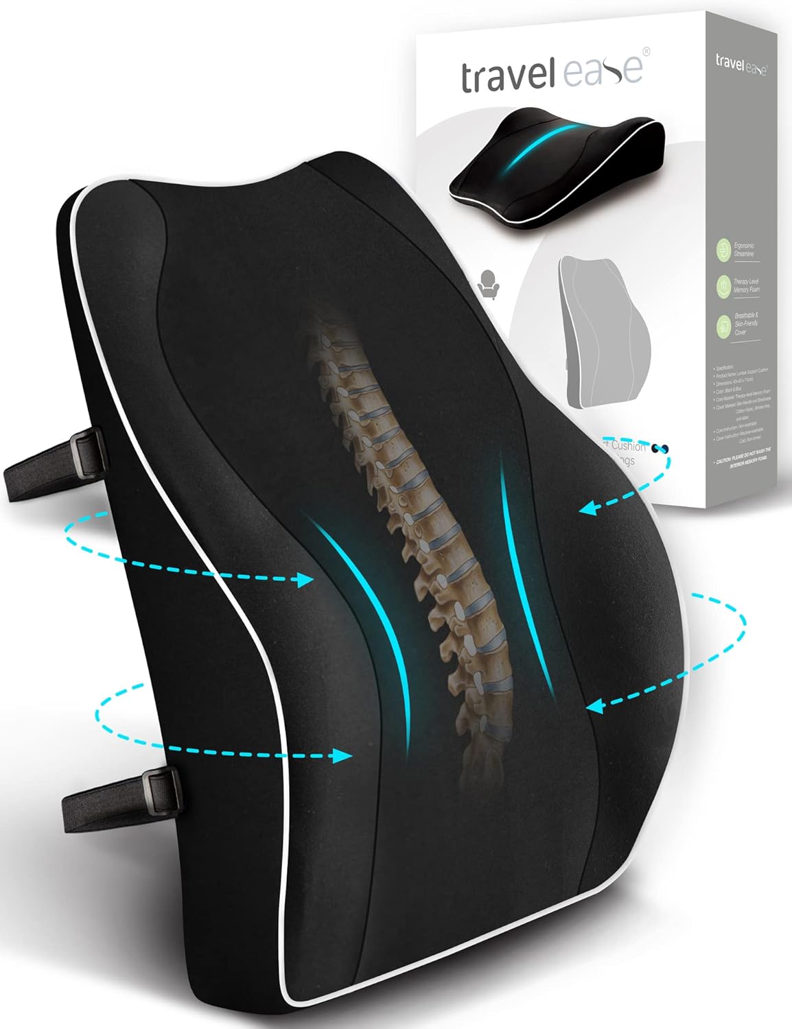 TRAVEL EASE Ergonomic Lumbar Support Cushion, Memory Foam Back Support for Car Seat Office Chair Gaming Chair, Backrest with Skin-Friendly Cover & Dual Adjustable Straps, Black