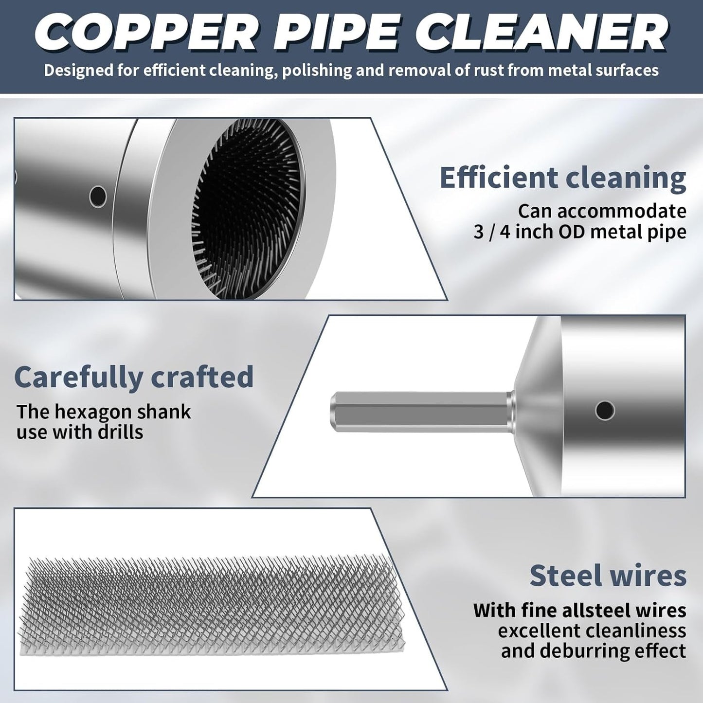 2 Pcs 1/2" 3/4" Metal Copper Pipe Cleaner for Drill, Copper Tube Cleaner w Replaceable Brushes, Tube Cleaning Brush, Copper Pipe Cleaning Brush Tool for Professional Plumbers and Industrial Purposes