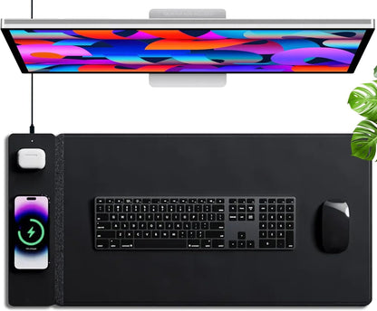 burotic Wireless Charging Desk Pad, Reversible Felt & Vegan Leather, Waterproof, Detachable Magnetic Panel - Organize, Charge 2 Devices, Apple & Android Compatible - Black