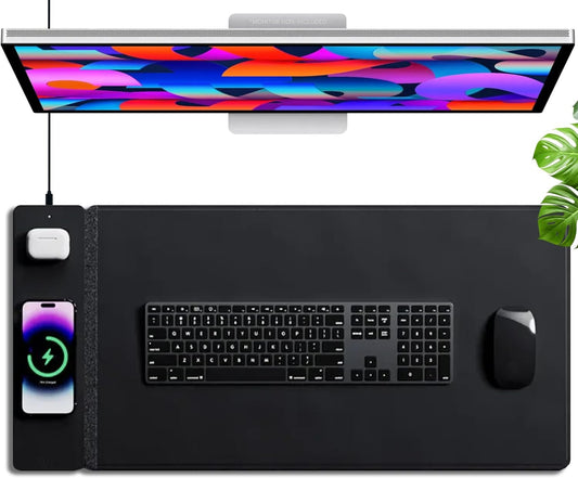 burotic Wireless Charging Desk Pad, Reversible Felt & Vegan Leather, Waterproof, Detachable Magnetic Panel - Organize, Charge 2 Devices, Apple & Android Compatible - Black