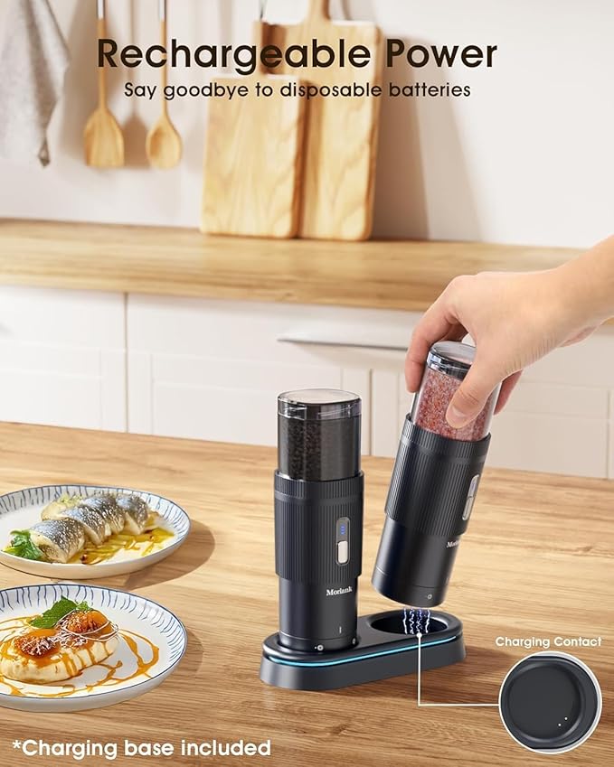 Upgraded Larger Capacity Electric Salt and Pepper Grinder Set, Rechargeable Salt and Pepper Grinder Set with a Brilliant Charge Base, Adjustable Coarseness, Efficient Kitchen Gadgets, Iron Gray