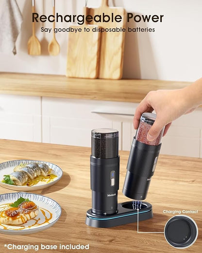 Upgraded Larger Capacity Electric Salt and Pepper Grinder Set, Rechargeable Salt and Pepper Grinder Set with a Brilliant Charge Base, Adjustable Coarseness, Efficient Kitchen Gadgets, Iron Gray