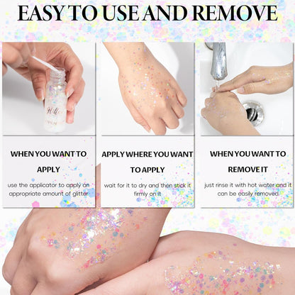 Body Glitter Gel, Face Glitter Gel,Intense Glitter Makeup Face Glitter Gel,Chunky Glitter for Eye Lip Hair Sparkling Body Glitter Gel for Women,Rave Glitter Festival Accessories（Champagne）