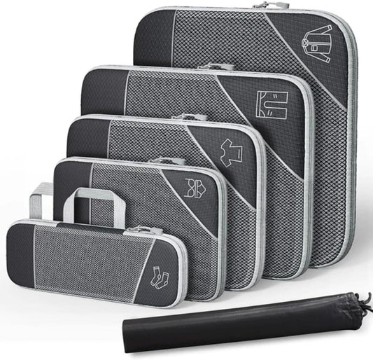 Travel packing cube set of 6 compression packing cubes, large lightweight nylon material upgrade your travel packing with BAWGBAGS Space-Saving, durable, and organized cubes. (Black)
