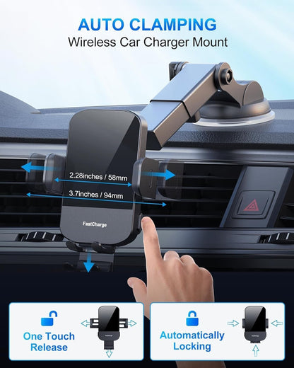 CHGeek Wireless Car Charger,15W Fast Charging Auto Clamping Car Charger Phone Mount Phone Holder fit for iPhone 16 15 14 13 12 Pro Max 11 XR XS,Samsung Galaxy S24 Ultra S23 S22 S21,S20 Brilliant Black