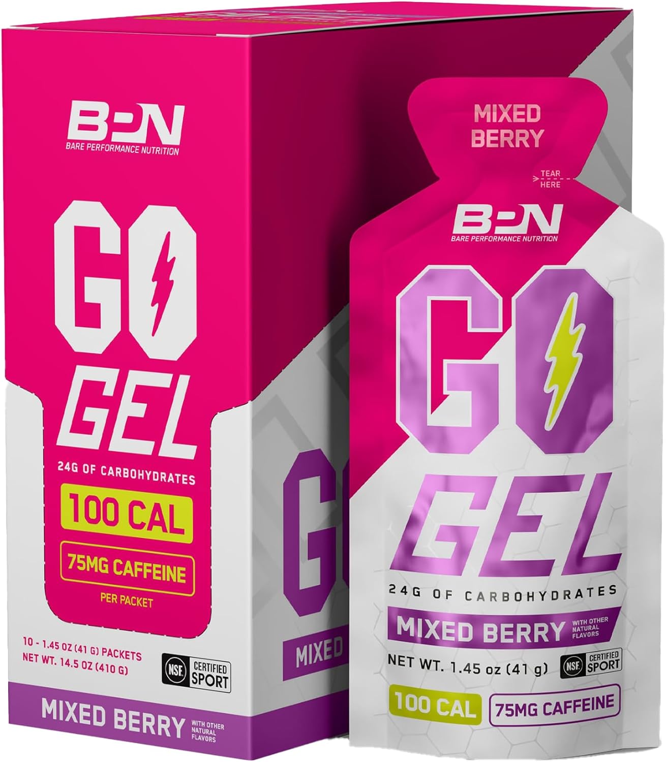 BARE PERFORMANCE NUTRITION, BPN Go Gel Endurance Gel, 24g of Carbohydrates & 100 Calories per Gel Pack, Vegan + Gluten Free Running Gel, 10 Single-Serving Gel Packs, Caffeinated Mixed Berry