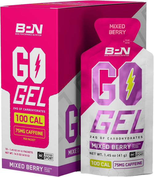 BARE PERFORMANCE NUTRITION, BPN Go Gel Endurance Gel, 24g of Carbohydrates & 100 Calories per Gel Pack, Vegan + Gluten Free Running Gel, 10 Single-Serving Gel Packs, Caffeinated Mixed Berry